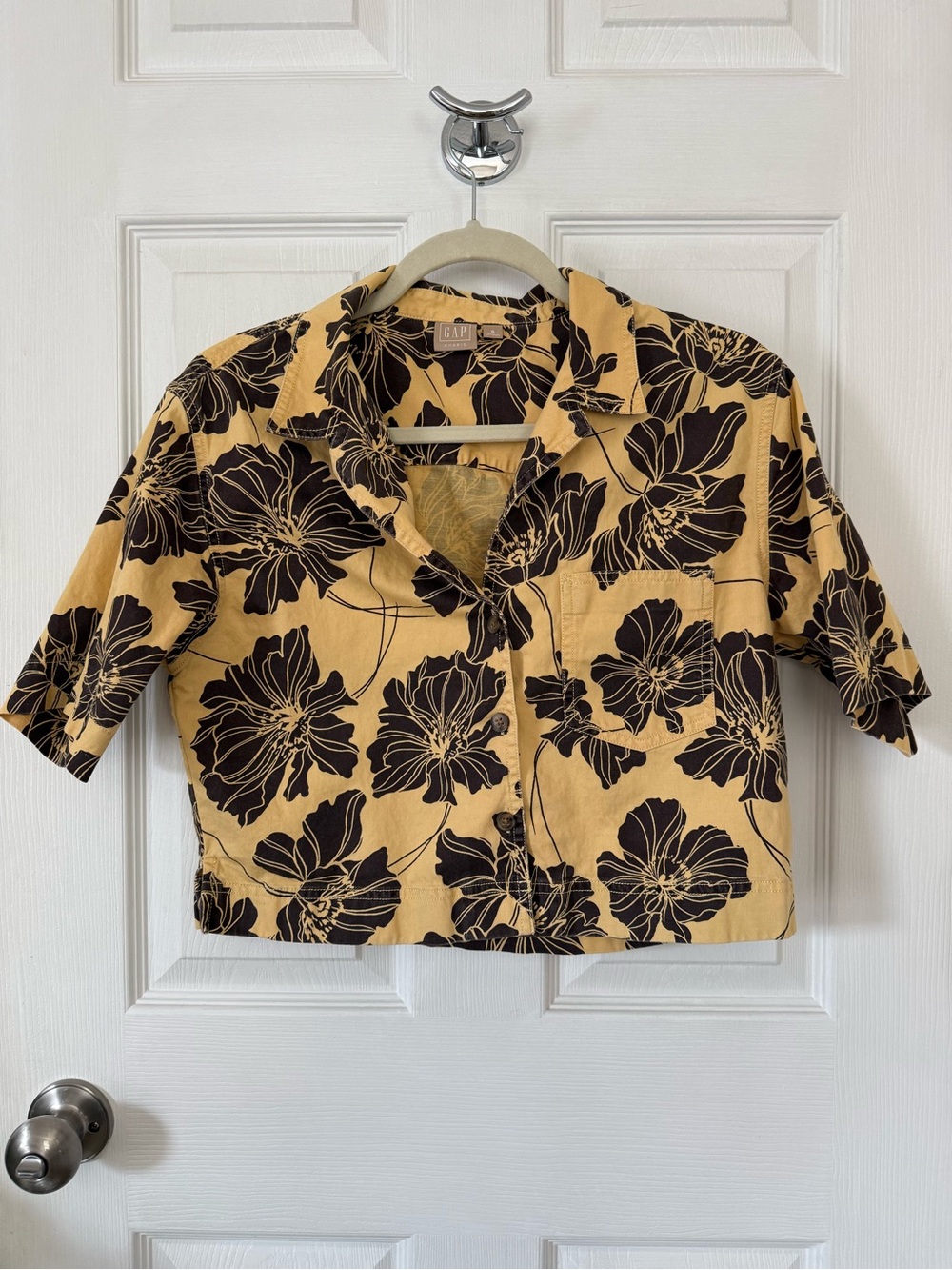 GAP Khakis Cropped Floral Button Down Shirt Mustard Black Cotton Hemp Blend S